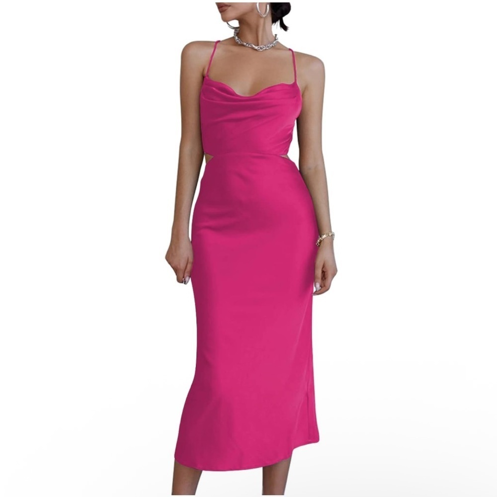 NWT Women’s Pink Satin Slip Open Back Crisscross Cowl Neck Midi Dress Sz Medium